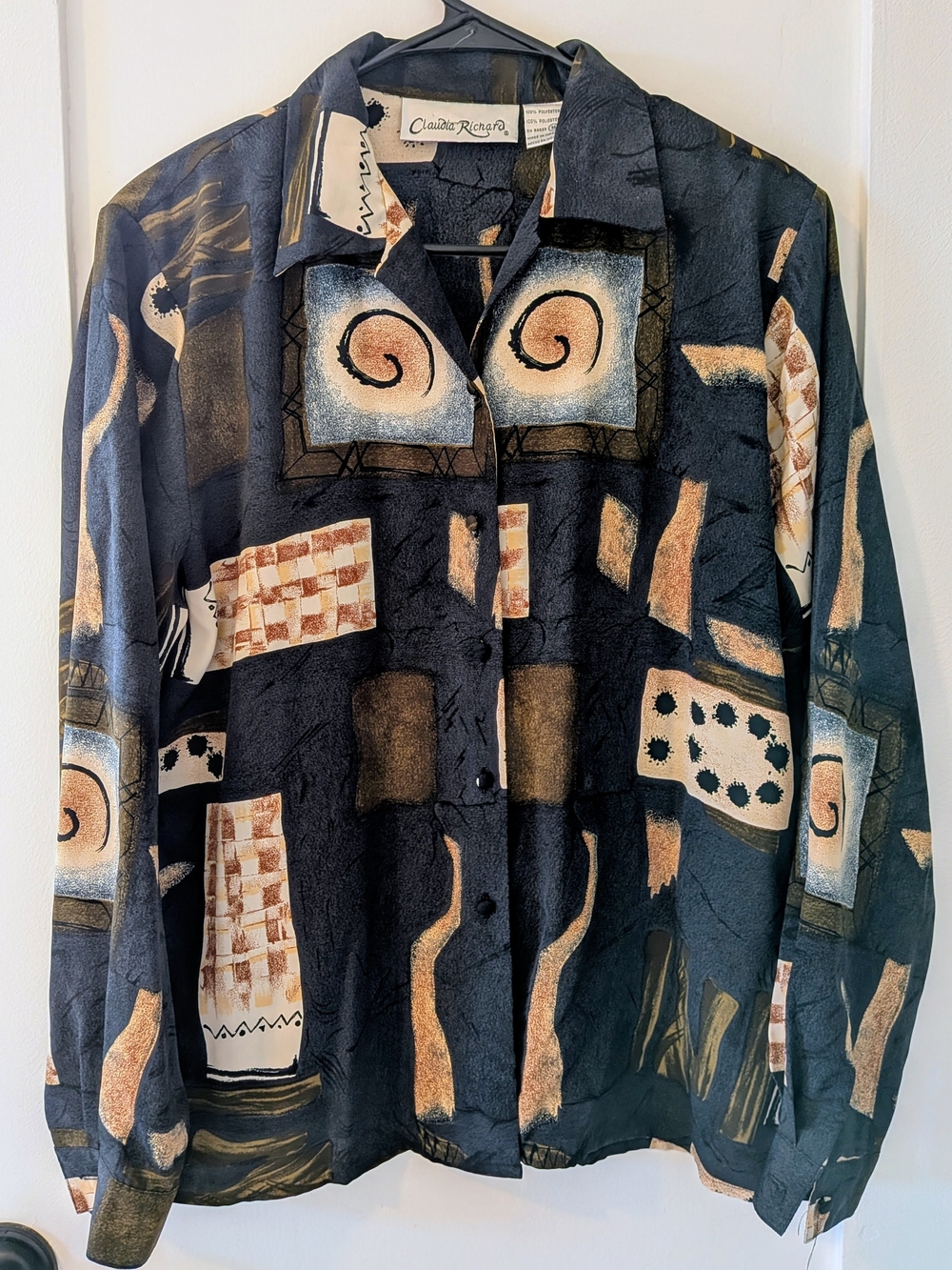 Claudia Richard Black Button-Up Blouse with Tan & Cream Abstract Motifs